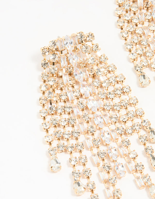 Gold Diamante Drop Long Earrings