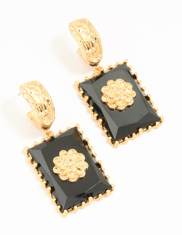 Worn Gold Black Stone Drop Earrings