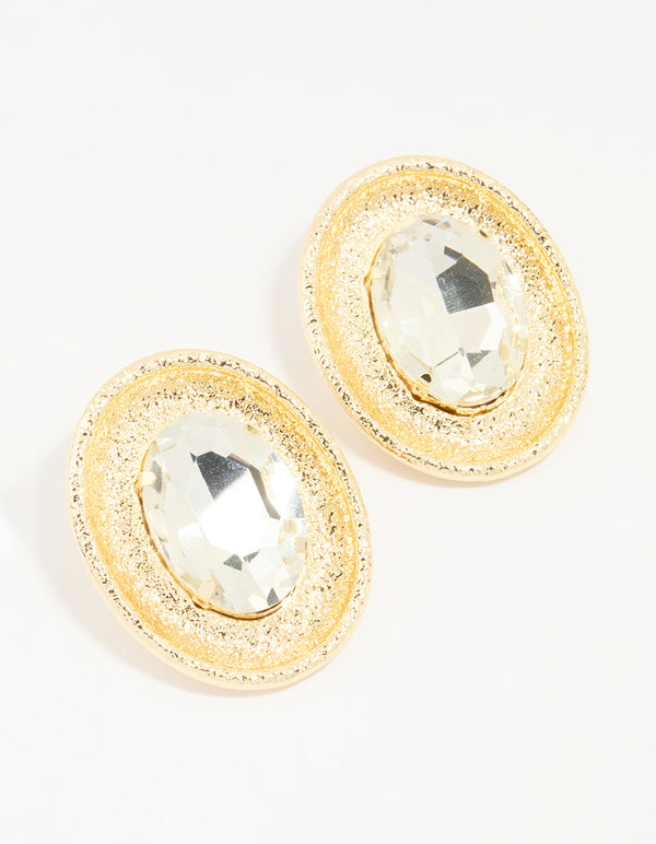 Gold Diamante Oval Large Stud Earrings
