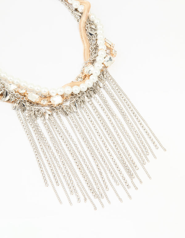 Mixed Metal Pearl Chain Fringe Necklace