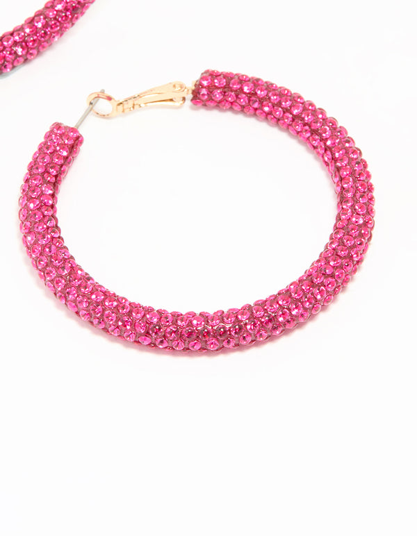 Gold Pink Diamante Hoop Earrings