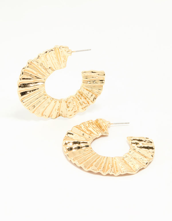 Gold Flat Crinkle Hoop Earrings