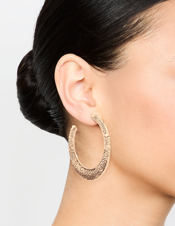 Antique Gold Patterned Hoop Earrings
