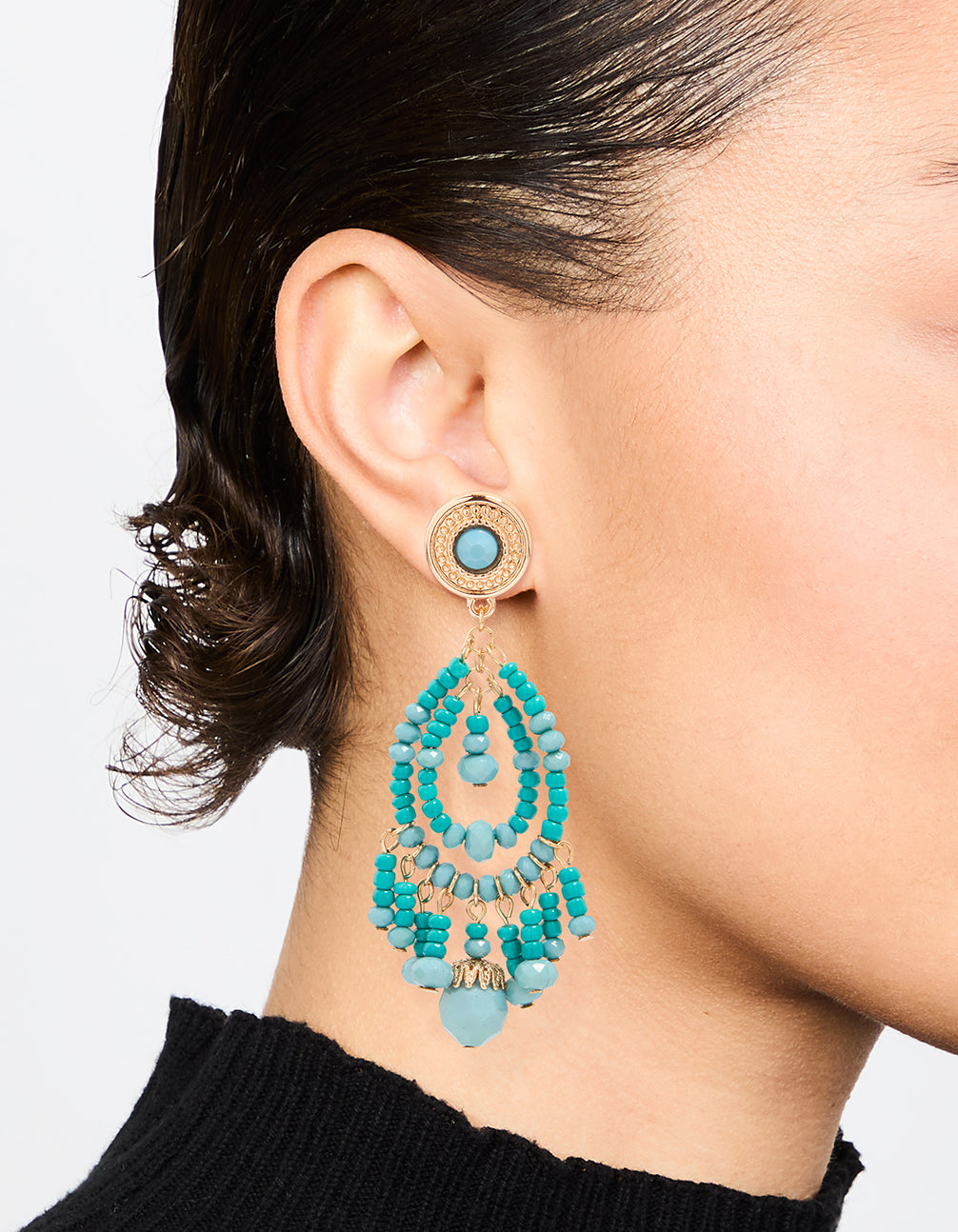 Gold Blue Beaded Teardrop Drop Earrings