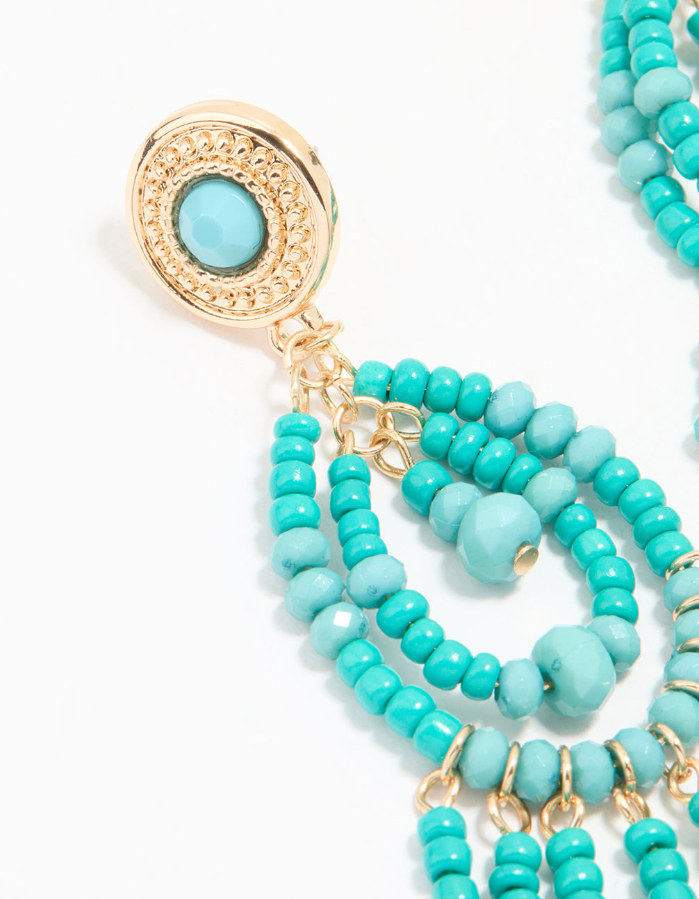 Gold Blue Beaded Teardrop Drop Earrings