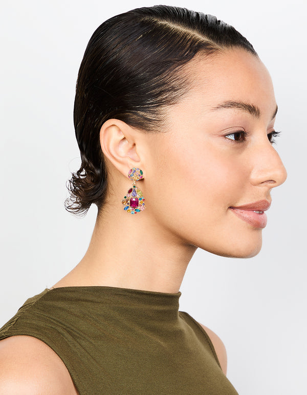 Gold Multicoloured Diamante Teardrop Drop Earrings