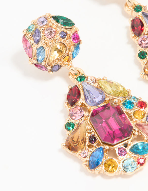 Gold Multicoloured Diamante Teardrop Drop Earrings