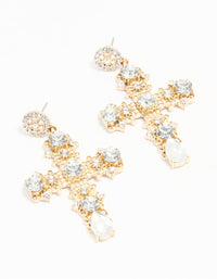 Antique Gold Diamante Statement Cross Drop Earrings - link has visual effect only