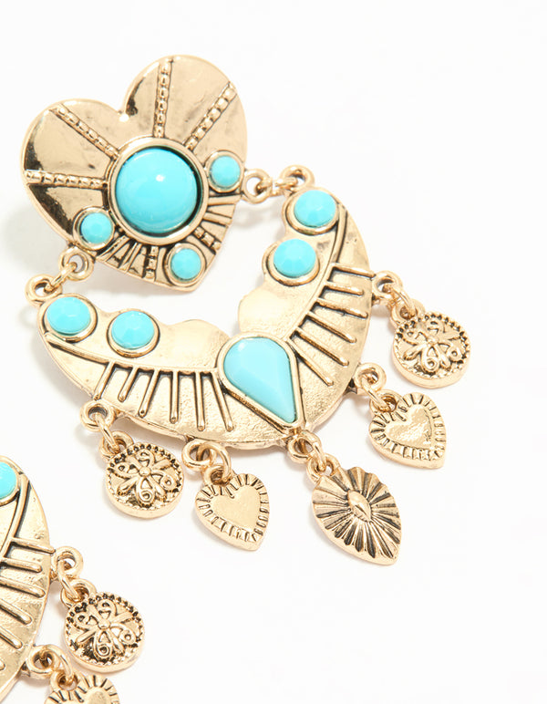 Antique Gold Turquoise Heart Drop Earrings