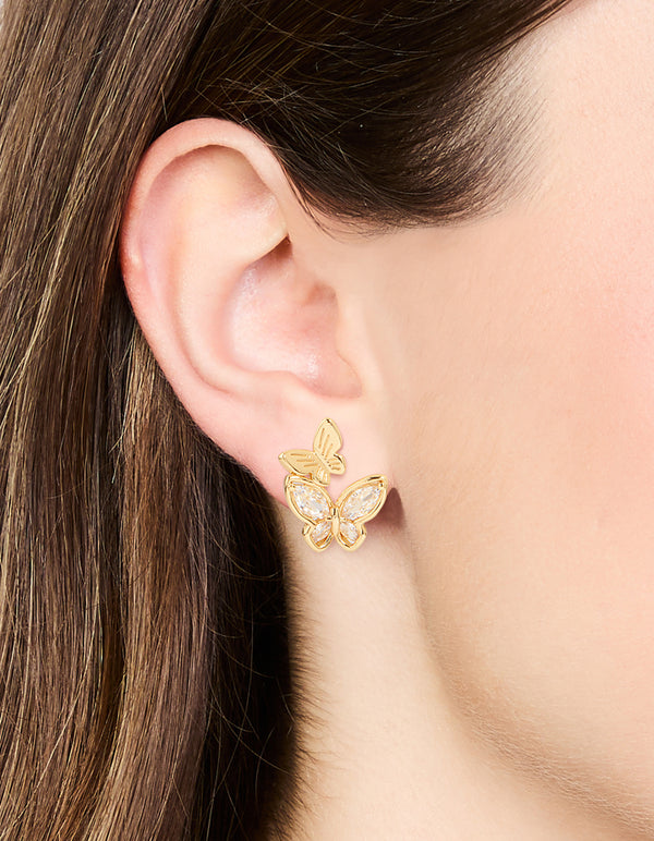 Gold Plated Cubic Zirconia Butterfly Stud Earrings