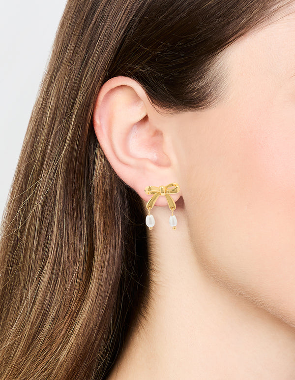 Gold Plated Pearl Bow Stud Earrings