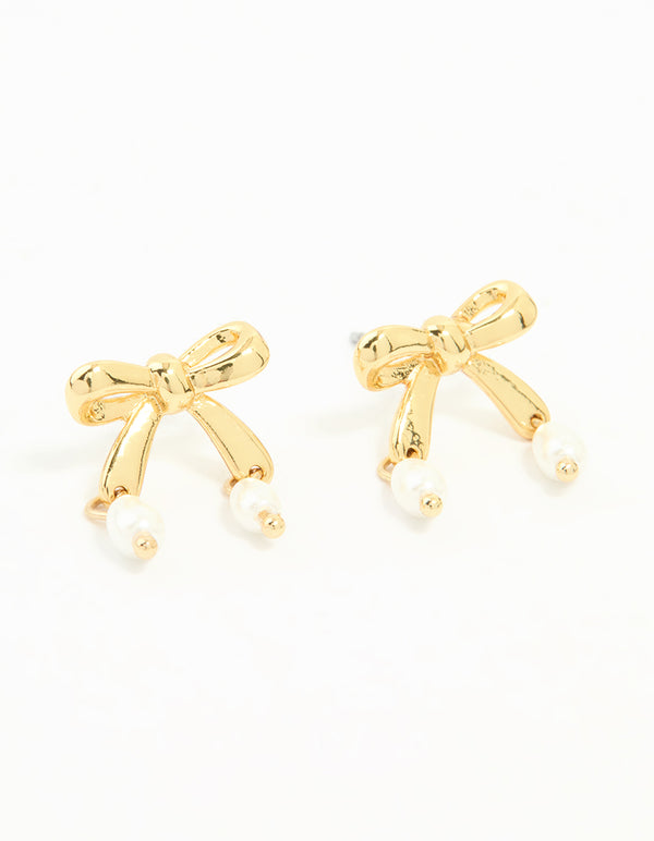 Gold Plated Pearl Bow Stud Earrings