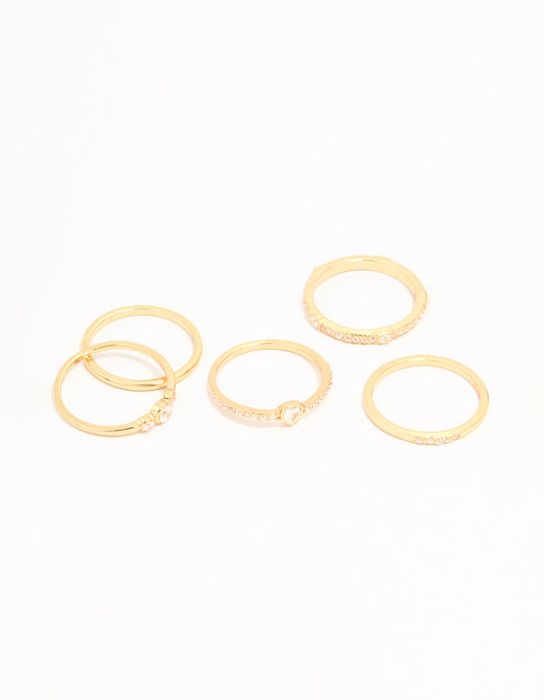 Gold Plated Cubic Zirconia Plain & Heart Stacking Rings 5-Pack