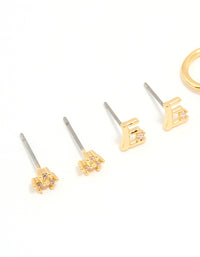 Gold Plated Cubic Zirconia Letter E Dainty Flower Earrings 4-Pack - link has visual effect only
