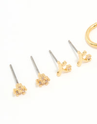 Gold Plated Cubic Zirconia Letter K & Dainty Flower Earrings 4-Pack - link has visual effect only