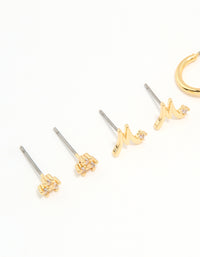 Gold Plated Cubic Zirconia Letter M Dainty Flower Earrings Pack - link has visual effect only