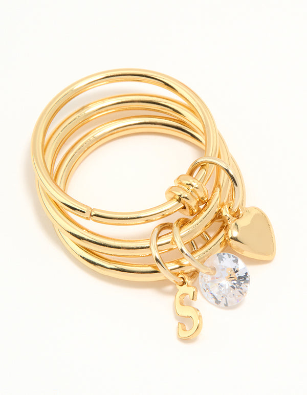 Gold Plated Cubic Zirconia Letter S Rondell Charm Ring