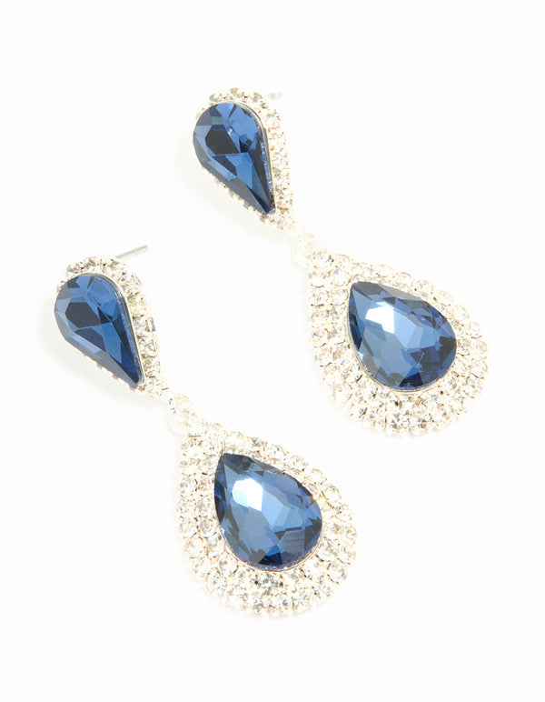 Silver Blue Diamante Double Pear Drop Earrings