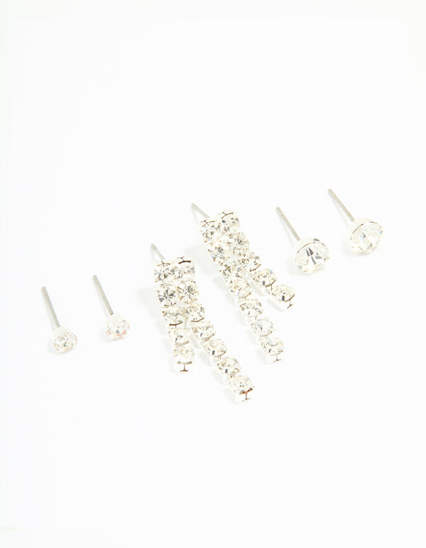 Silver Diamante Stud & Cupchain Earrings 3-Pack