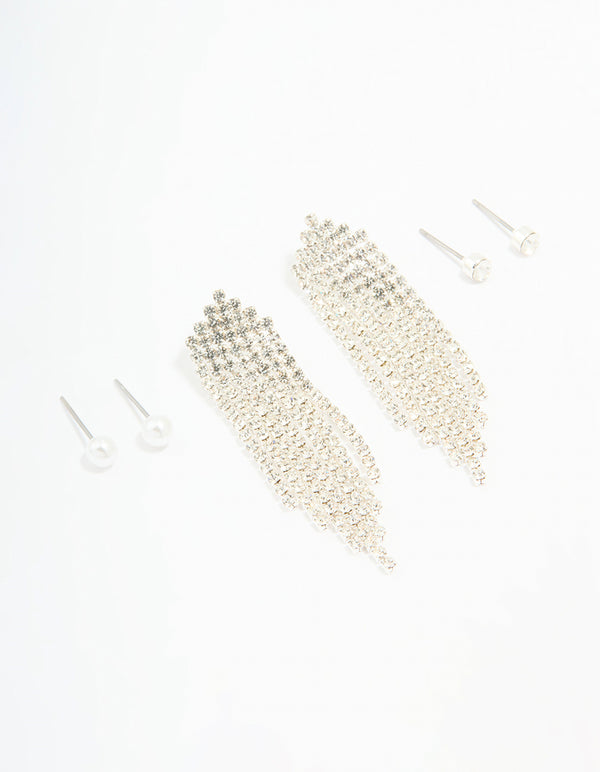 Silver Pearl Stud & Diamante Cupchain Earrings 3-Pack