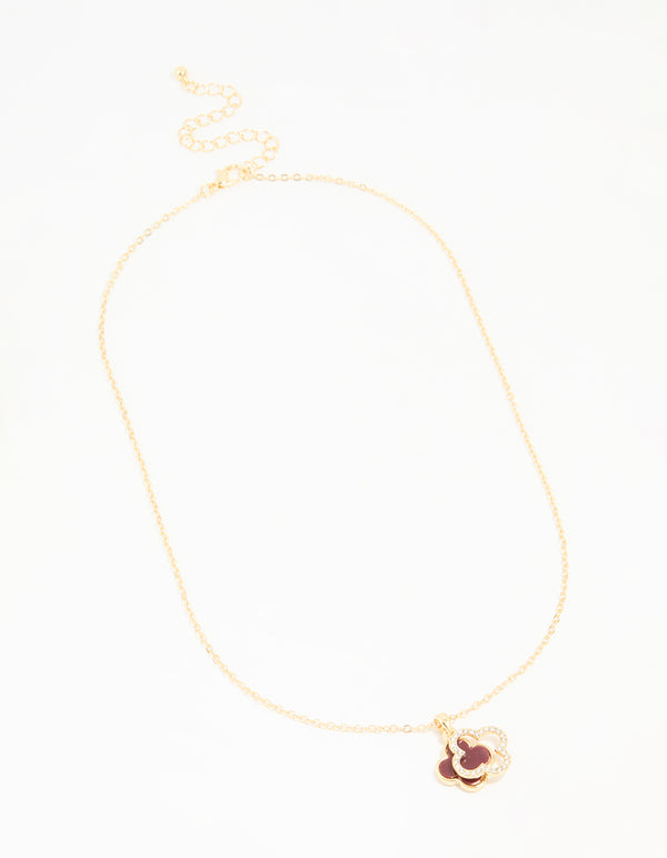 Gold Plated Diamante & Burgundy Flower Pendant Necklace