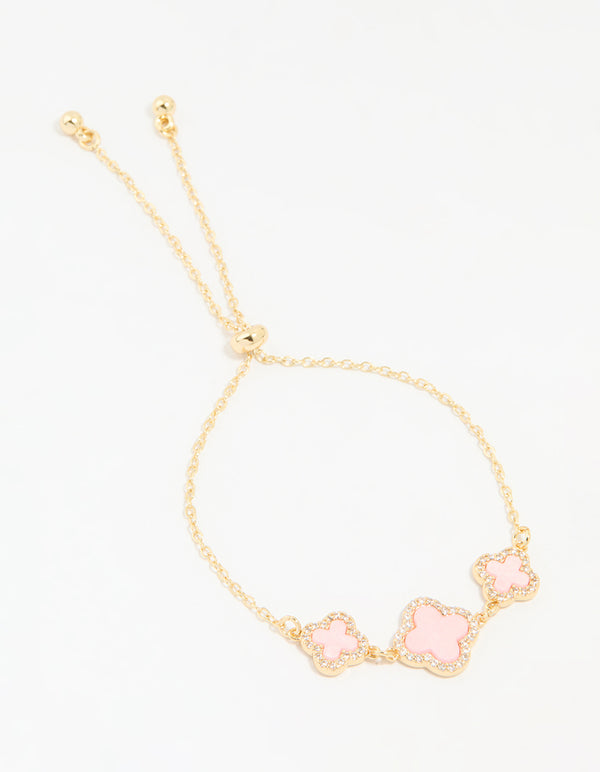 Gold Plated Cubic Zirconia Pink Triple Flower Outline Toggle Bracelet