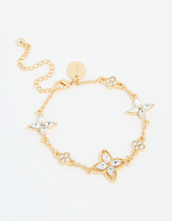 Gold Plated Diamante Mixed Flower Bracelet