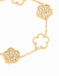 Waterproof Gold Plated Stainless Steel Diamante & Inlay Flower Charm Bracelet - link has visual effect only