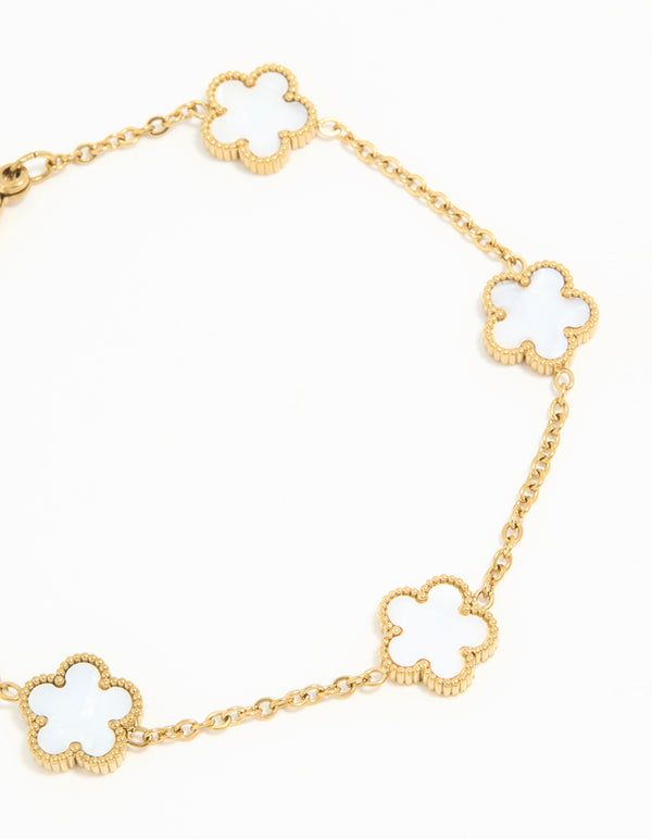 Waterproof Gold Plated Stainless Steel Ivory Inlay Flower Petals Charm Bracelet
