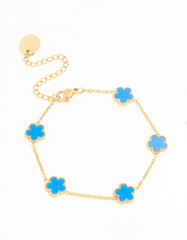 Waterproof Gold Plated Stainless Steel Blue Inlay Flower Petals Charm Bracelet