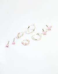 Silver Plated Brass Pink Cubic Zirconia Pave & Butterfly Stud Earrings 4-Pack - link has visual effect only