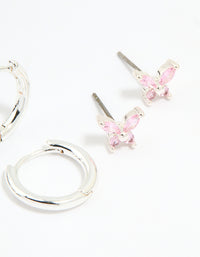 Silver Plated Brass Pink Cubic Zirconia Pave & Butterfly Stud Earrings 4-Pack - link has visual effect only