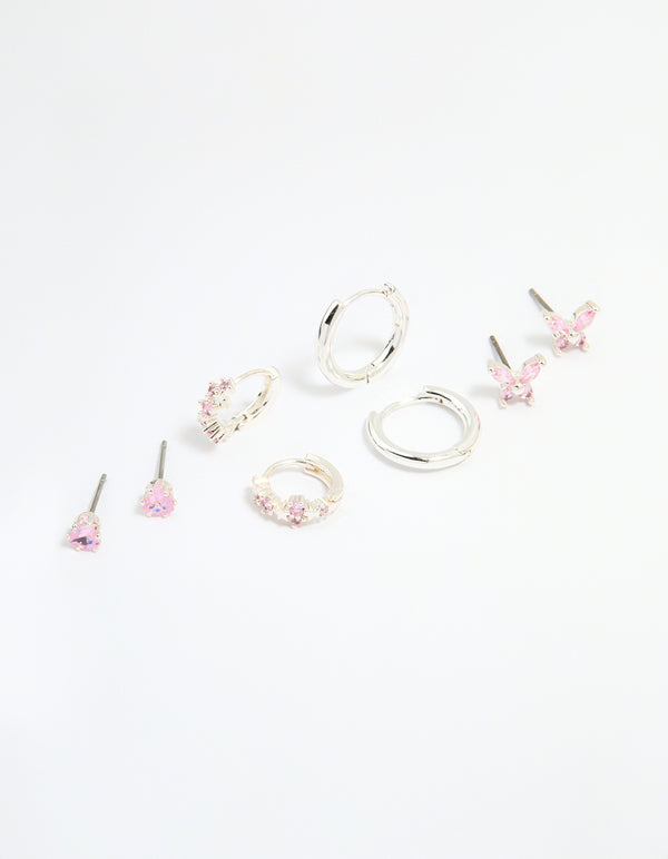 Silver Plated Brass Pink Cubic Zirconia Pave & Butterfly Stud Earrings 4-Pack