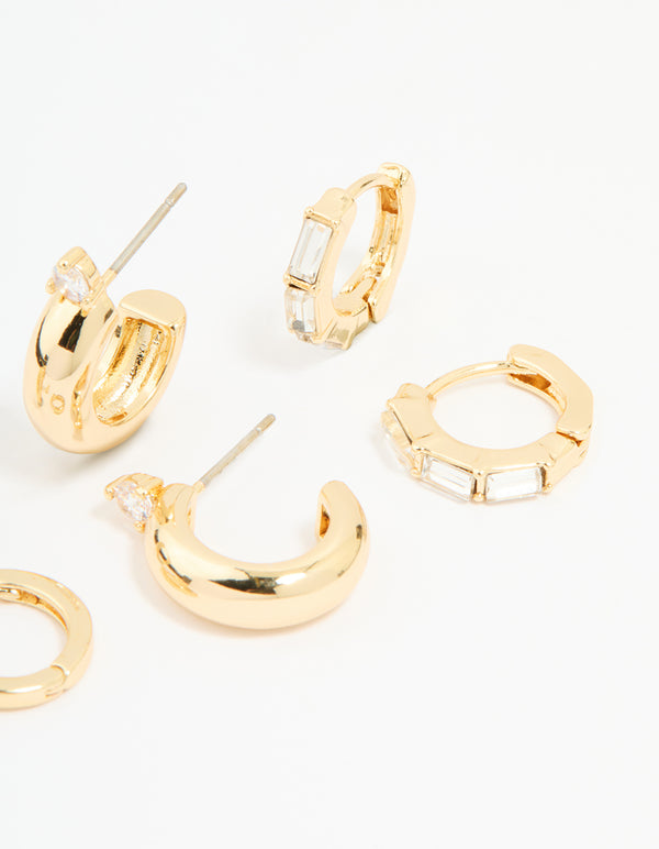 Gold Plated Brass Cubic Zirconia Huggie & Stud Earrings 4-Pack