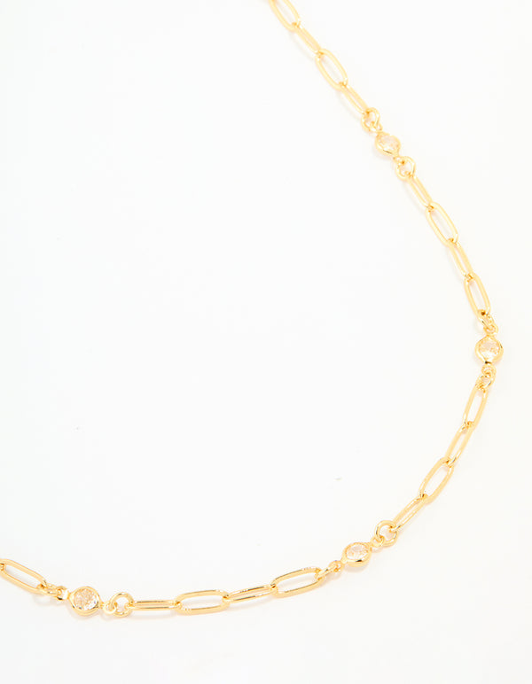 Gold Plated Brass Cubic Zirconia Open Link Chain Necklace