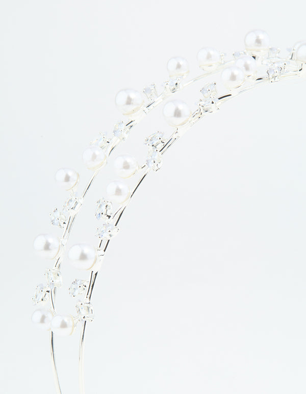 Silver Leaf Diamante Pearl Wire Layered Headband