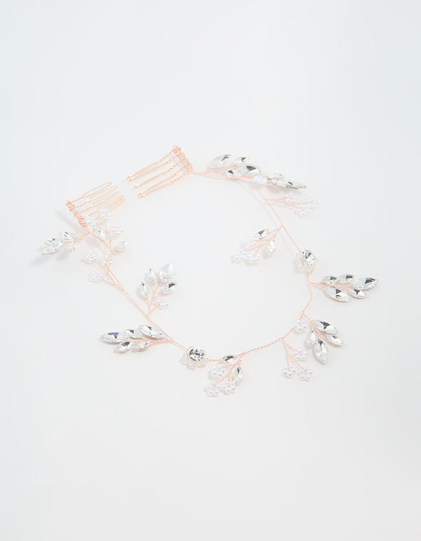 Rose Gold Wire Diamante Navette Drop Hair Vine