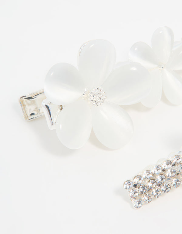 Silver Diamante Pave Double Flower Hair Clips 2-Pack