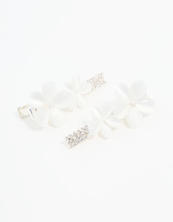 Silver Diamante Pave Double Flower Hair Clips 2-Pack
