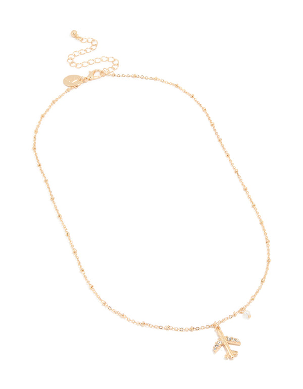Gold Diamante Dainty Airplane Necklace