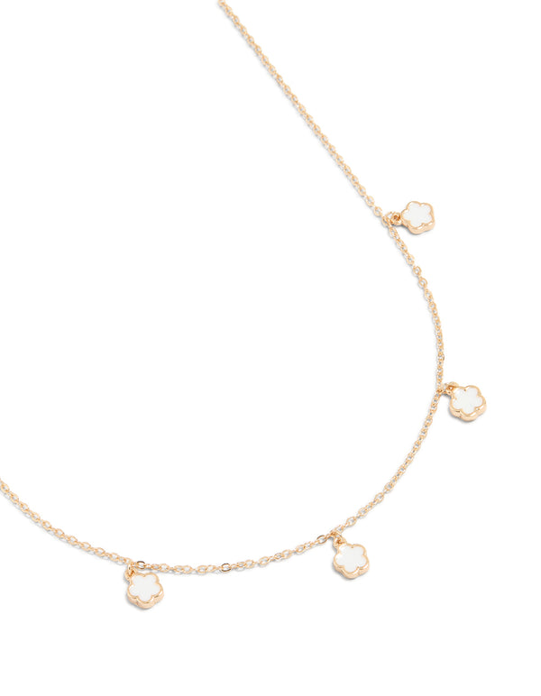 Gold White Flower Petal Station Necklace