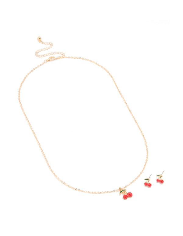 Gold Cherry Necklace & Earrings Set