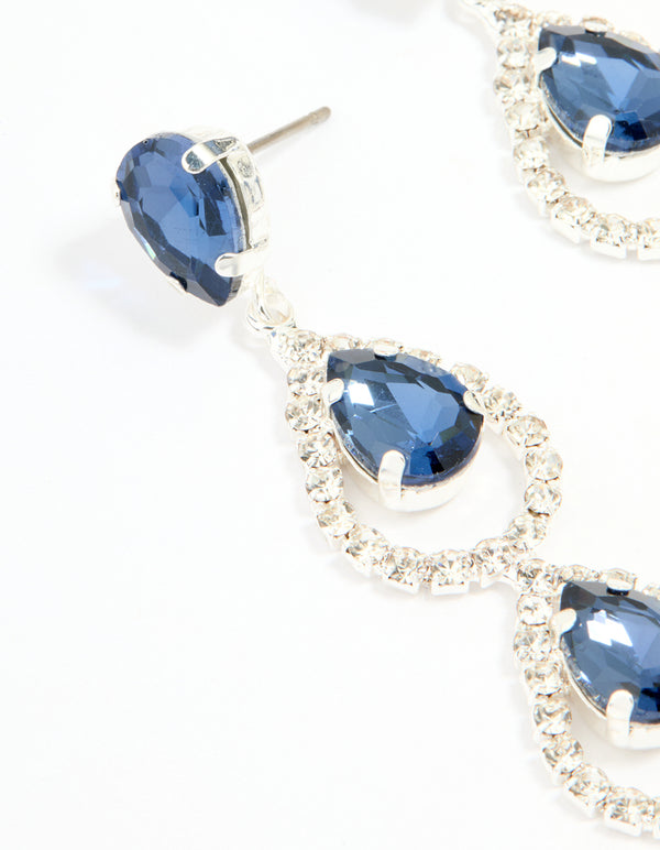 Silver Blue Diamante Pavé Teardrop Drop Earrings
