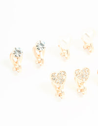 Kids Rose Gold Diamante Heart & Flower Clip On Earrings 5-Pack - link has visual effect only