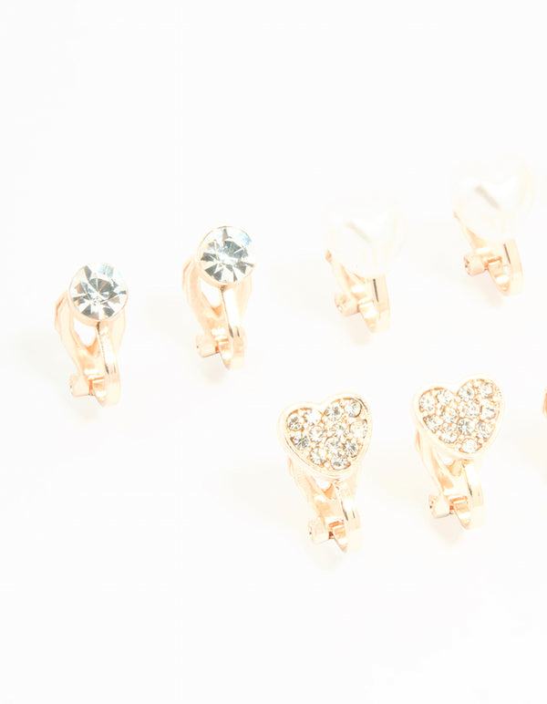 Kids Rose Gold Diamante Heart & Flower Clip On Earrings 5-Pack