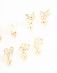 Kids Rose Gold Diamante Heart & Flower Clip On Earrings 5-Pack - link has visual effect only
