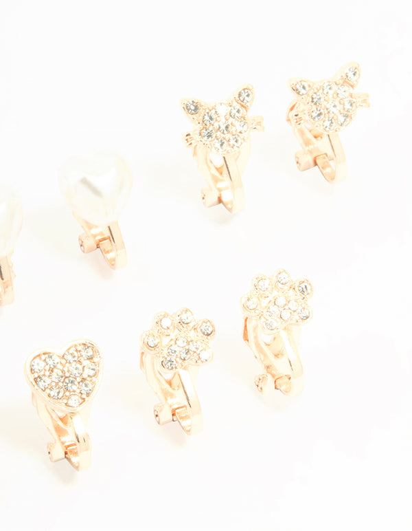 Kids Rose Gold Diamante Heart & Flower Clip On Earrings 5-Pack