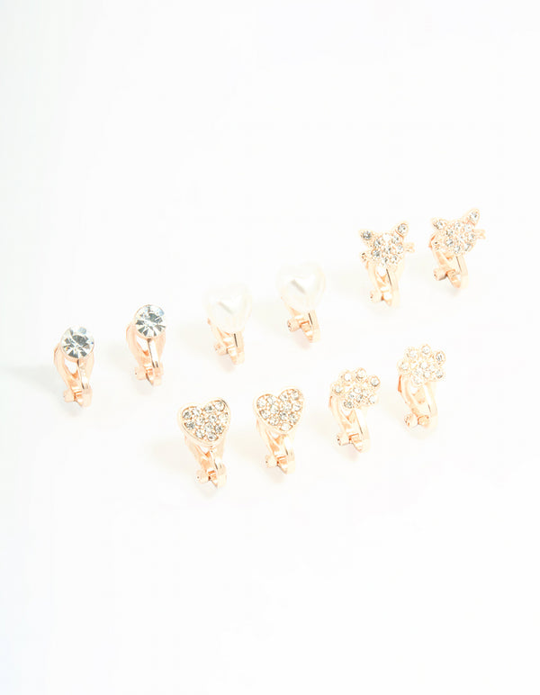 Kids Rose Gold Diamante Heart & Flower Clip On Earrings 5-Pack