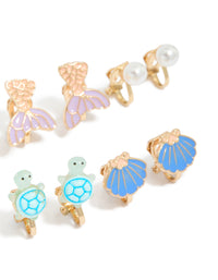 Showcasing kids turtle and mermaid clip on earrings in a 5-pack with ocean pearl and shell feature in gold lavender light blue mint cream close up view - link has visual effect only