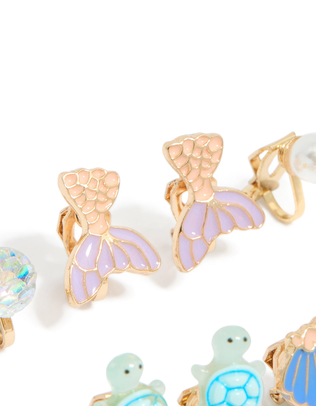 Crafted kids turtle and mermaid clip on earrings in a 5-pack with ocean pearl and shell feature in gold lavender light blue mint cream detail view